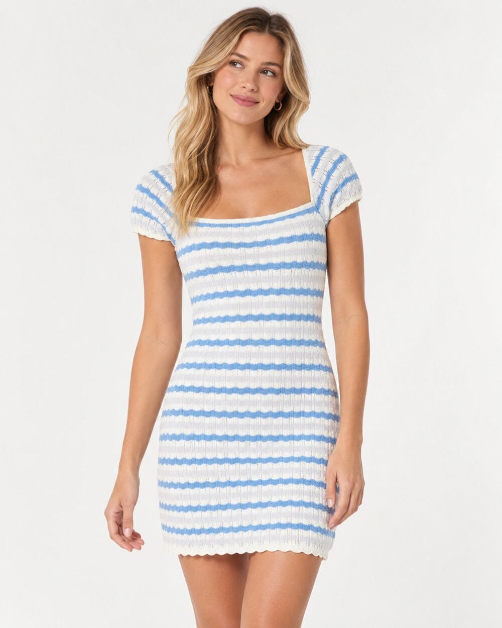 Hollister Crochet Style Stripe Mini Dress Blue White Square Neck Coastal Medium